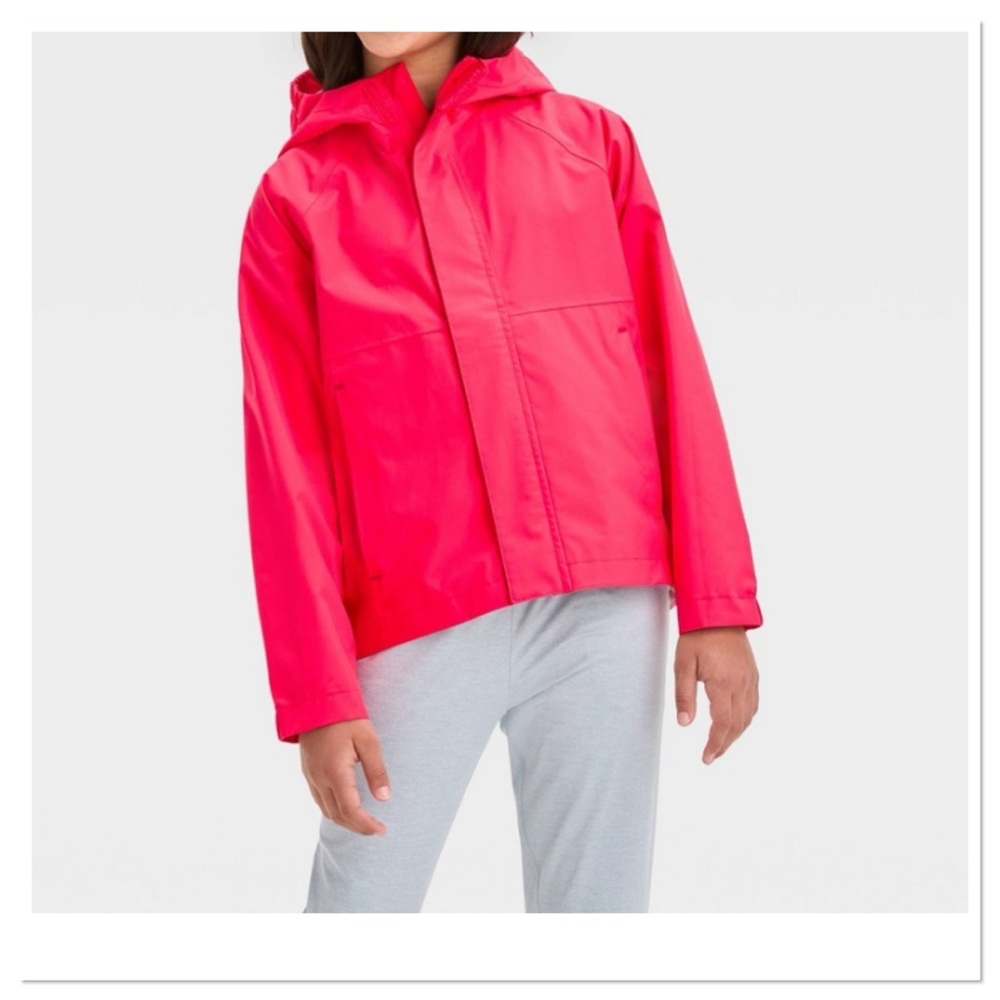 Kids Rain Shell Pink Hooded Raincoat all in motion
